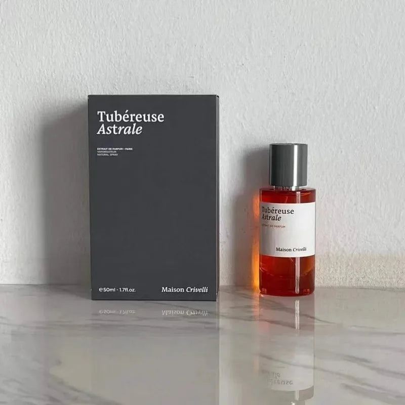 Maison Crivelli Tubéreuse Astrale 50ml Extrait de Parfum. Unisex tuberose fragrance in a sleek cylindrical glass bottle.