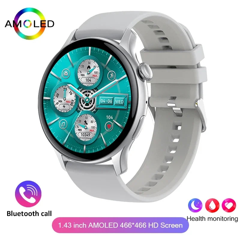 Silver ladies AMOLED smartwatch with teal watch face and white silicone band