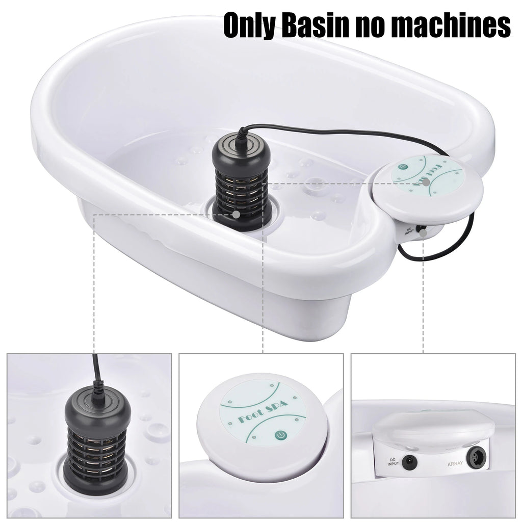 White detox ion foot spa basin with black array for home foot bath therapy, including basin control panel and ports.