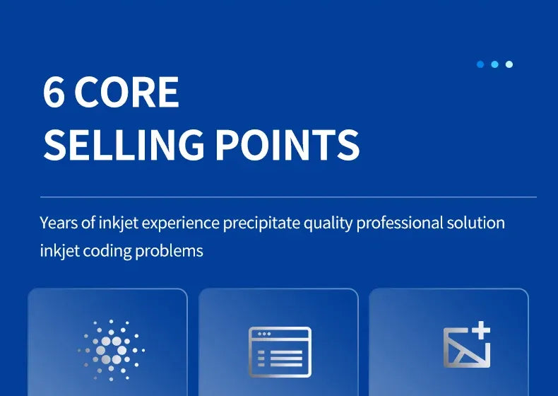 Blue marketing graphic with six icon tiles highlighting inkjet printer selling points