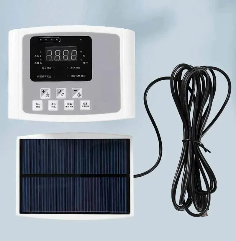 Solar irrigation controller with LCD panel, solar panel, and power cable
