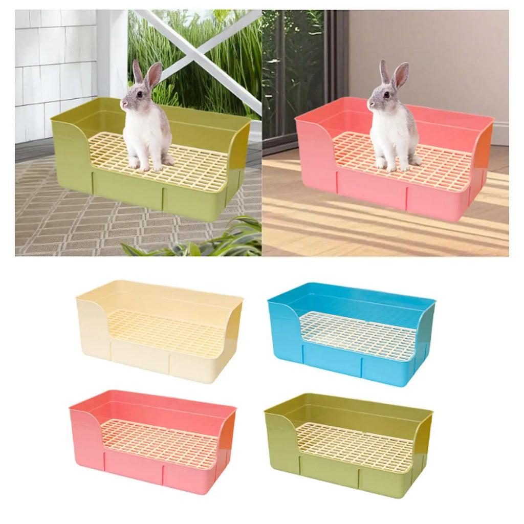 Colorful rabbit litter box with grid tray for easy cleaning. Perfect pet toilet for rabbits, hamsters, and ferrets.
