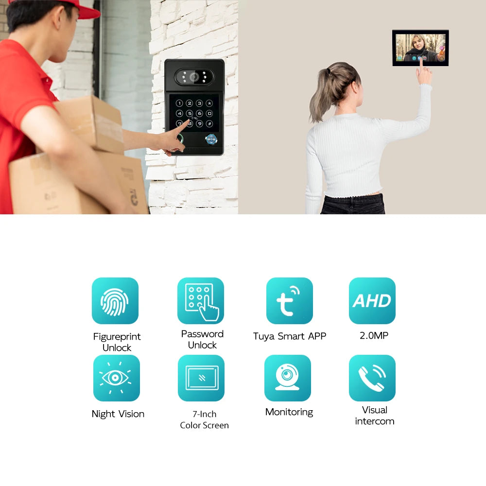 Tuya 7-inch smart video intercom doorbell system, with ID card and Wi-Fi connectivity, suitable for video intercom devices home