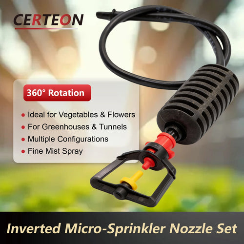 Inverted micro sprinkler mist nozzle with black ribbed body, red collar, yellow connector