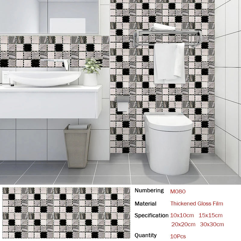 10pcs Flat Mosaic Style Tiles Sticker Kitchen Bathroom Waterproof & Oilproof Art Wall Sticker Peel & Stick Surface Glossy Film