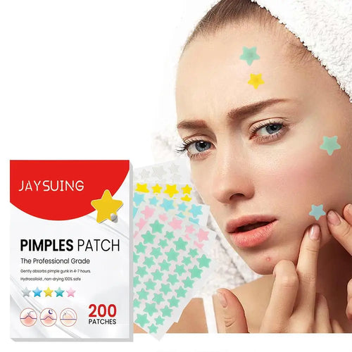 Hydrocolloid pimple patch kit with colorful star stickers and face application on model