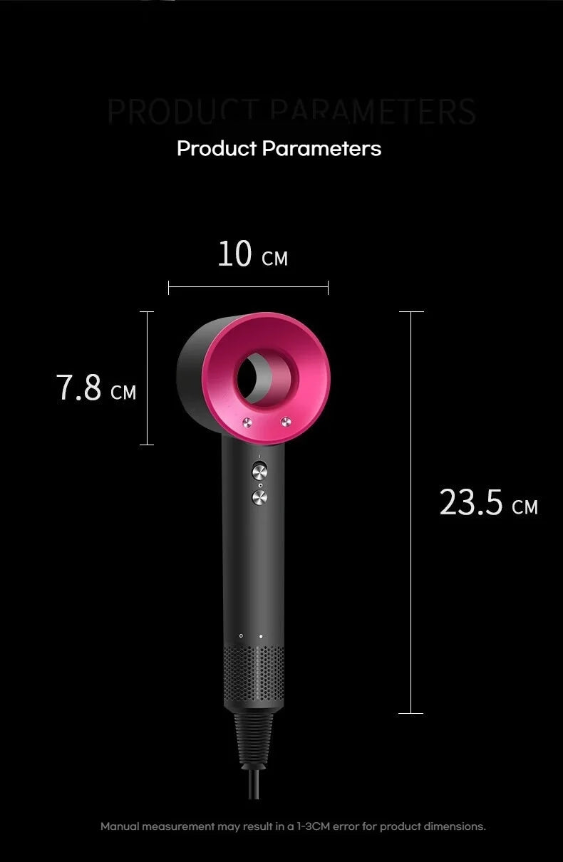Pink and black high-speed negative ion hair dryer with brushless motor and temperature control dimension specs.