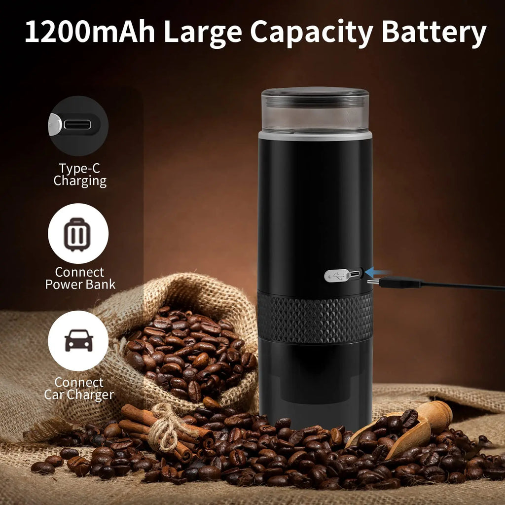 Portable black electric coffee maker with 1200mAh battery, Type-C charging, and textured grip on a coffee bean backdrop.
