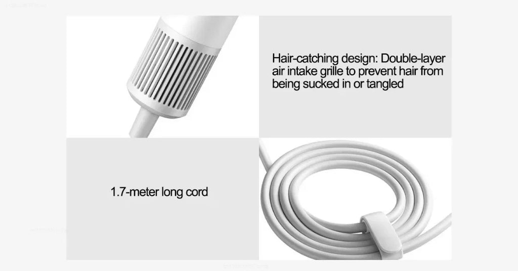 Xiaomi Mijia H501 SE hair dryer details: anti-tangle air intake grille and durable 1.7m power cord in white.