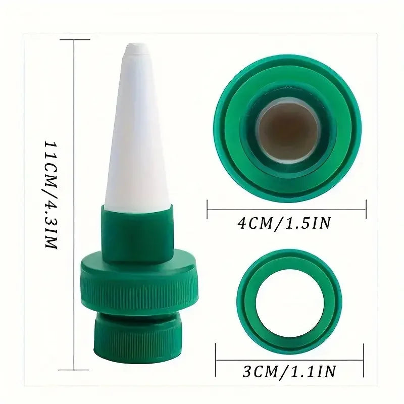 Plant drip irrigation stake: white spike with green caps and top insert ring.