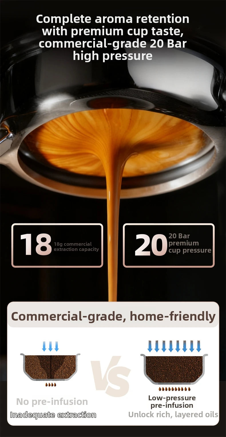 Espresso machine portafilter pouring rich coffee with 20 bar pressure and 18g extraction capacity for home brewing.