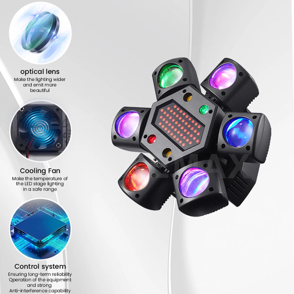 80W Disco Party Light 6-arm Mini Beam Moving Head Strobel Effect Lights Remote DMX512 Control DJ Mobile Stage For Club Wedding