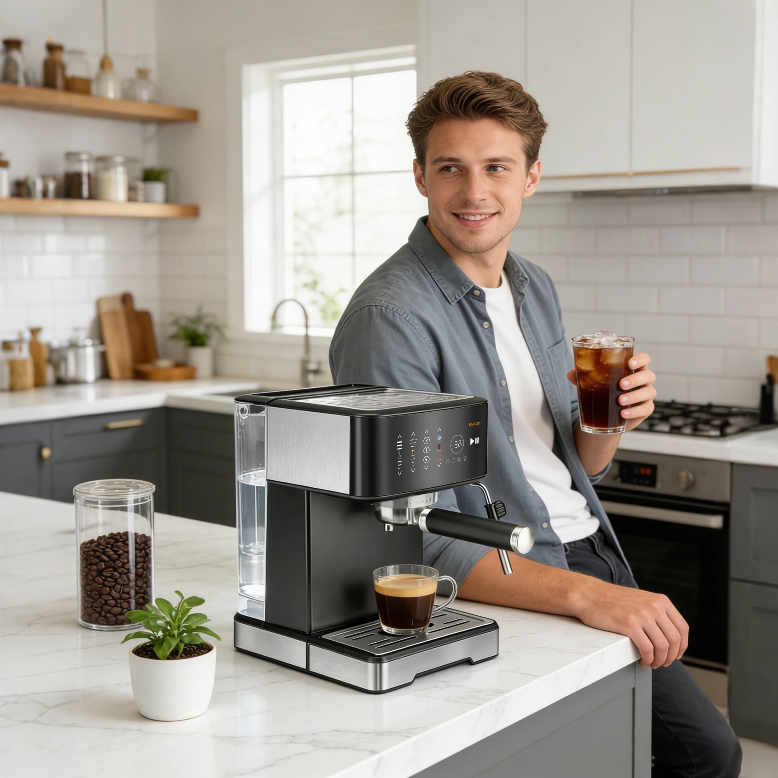 Kafelar espresso coffee maker in black and stainless steel with a digital display, on a kitchen counter.
