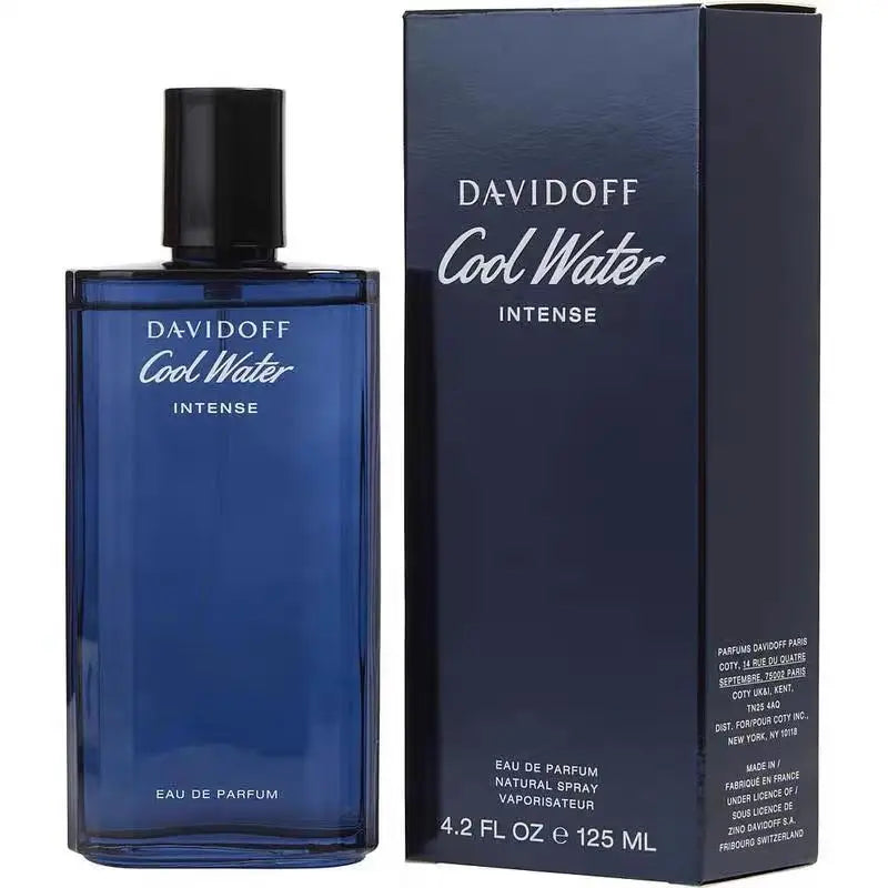 Davidoff Cool Water Intense 4.2oz EDP for men: rectangular deep blue glass bottle and matching box packaging.
