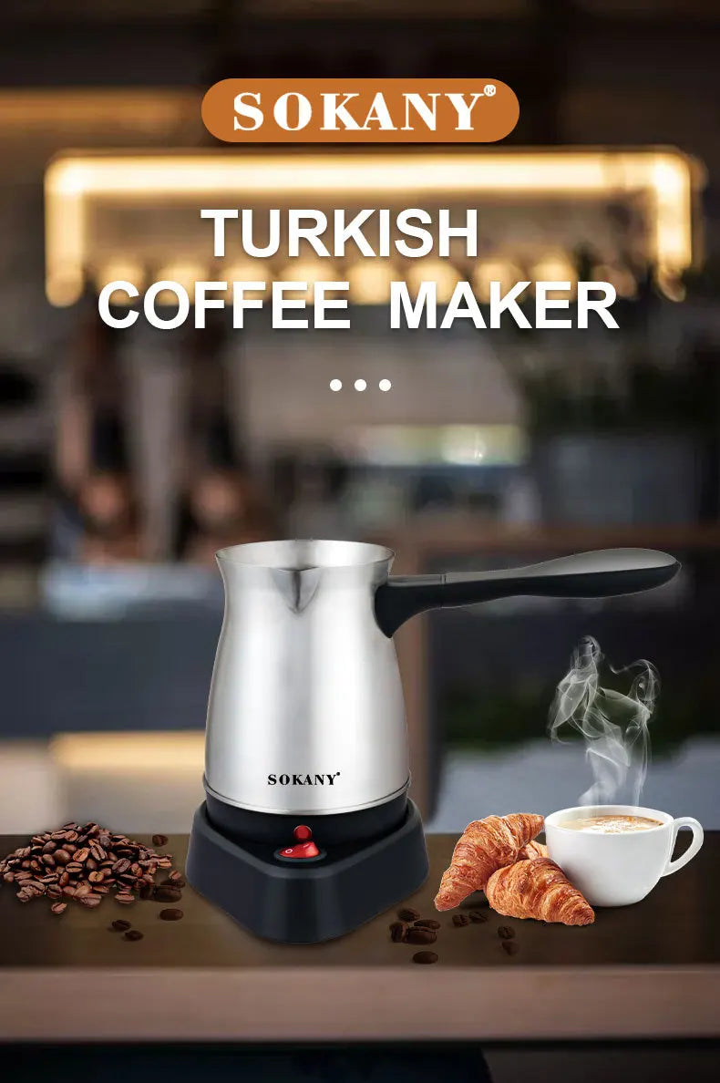 Sokany silver stainless steel electric Turkish coffee maker with black base, handle, and power switch.