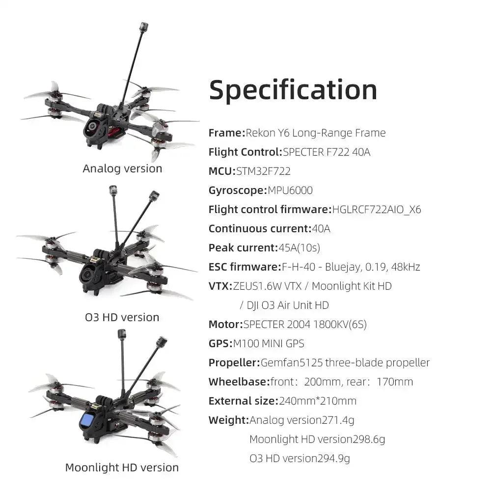 HGLRC Rekon Y6 5 Inch Long Range FPV Drone Bundle 6S High Performance Tidesmit