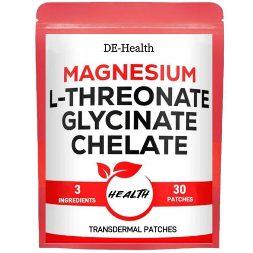 Magnesium L-Threonate transdermal patches, 30-count pack featuring Magnesium Glycinate and Chelate, front product view.