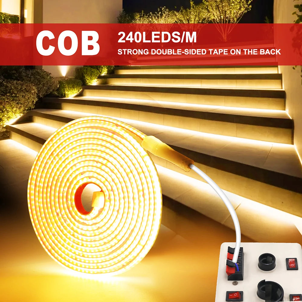 220V RA90 COB LED Strip Light Bright Waterproof Driver Build In 10cm Can Be Cut 240LEDs/M Flexible Adhesive Tape Home Decoration