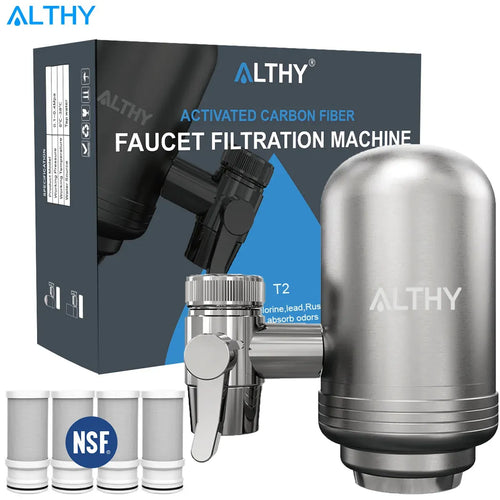 Stainless steel faucet water filter purifier system with NSF logo and filter cartridges