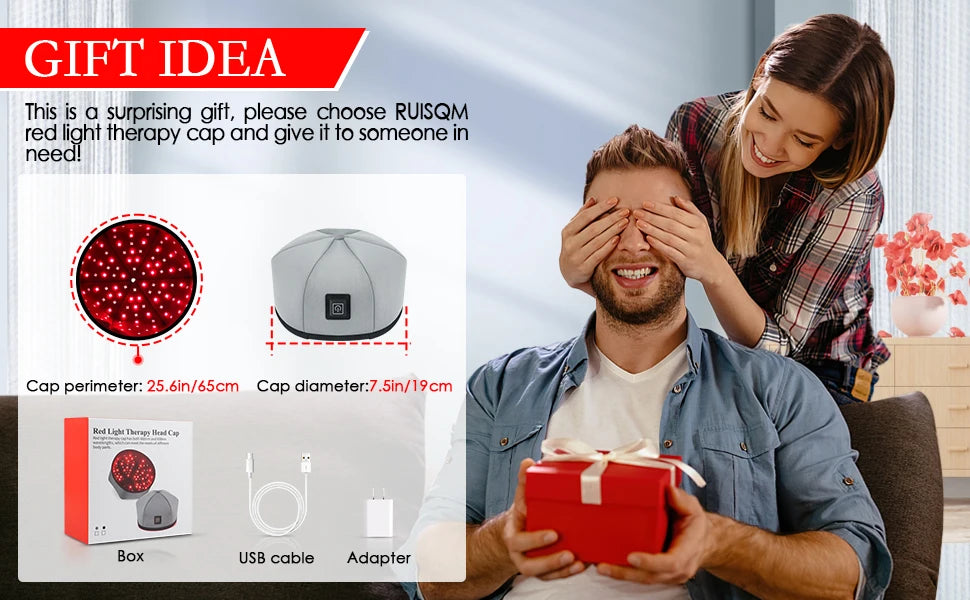 Grey wired red light therapy hair growth cap with 650nm LEDs, wall plug, and packaging box for home use.