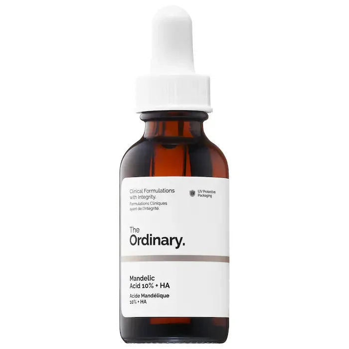 The Ordinary mandelic acid 10% + HA serum in dark amber dropper bottle