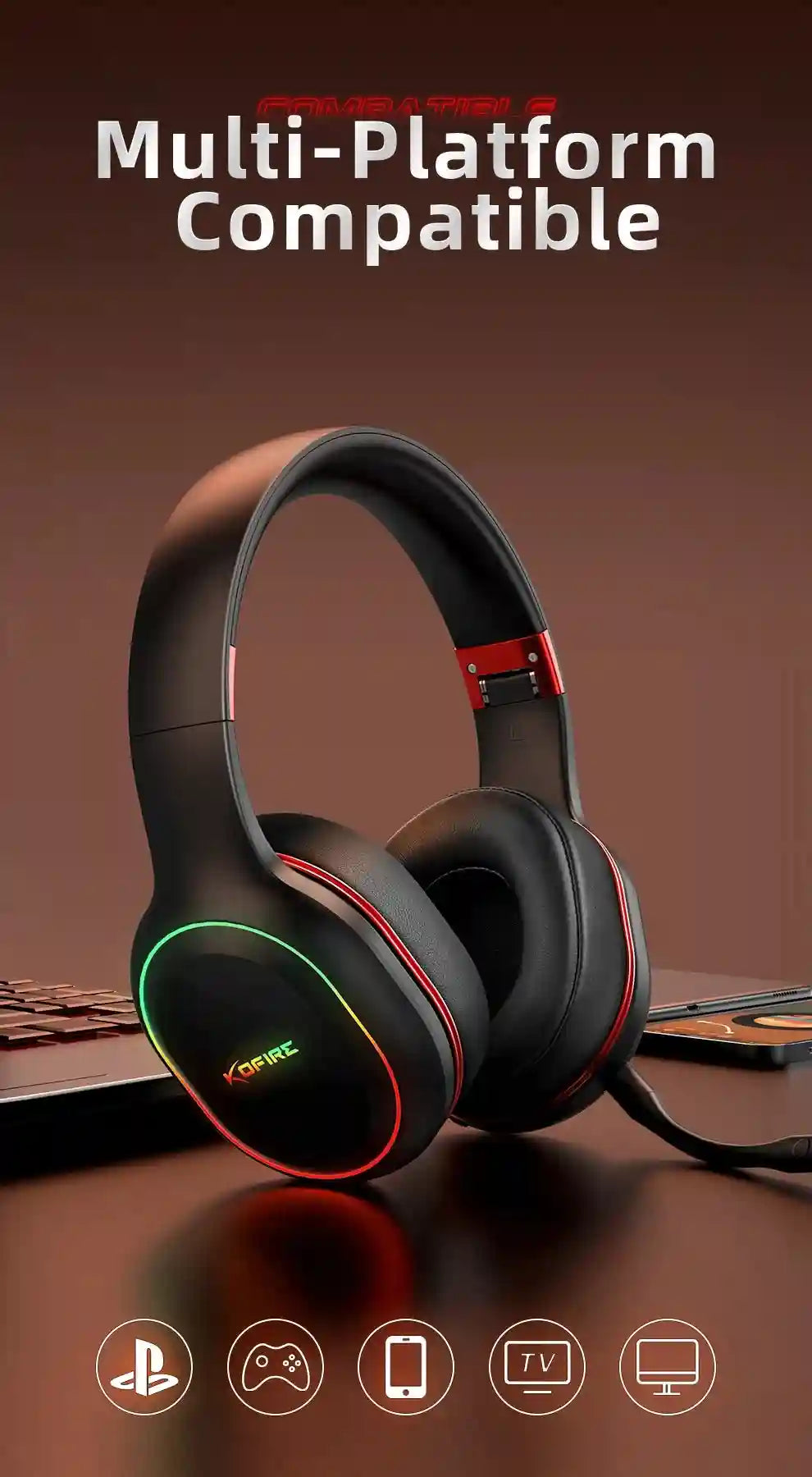 Wireless Gaming Headphones with Low Latency Audio and RGB Lights Tidesmit