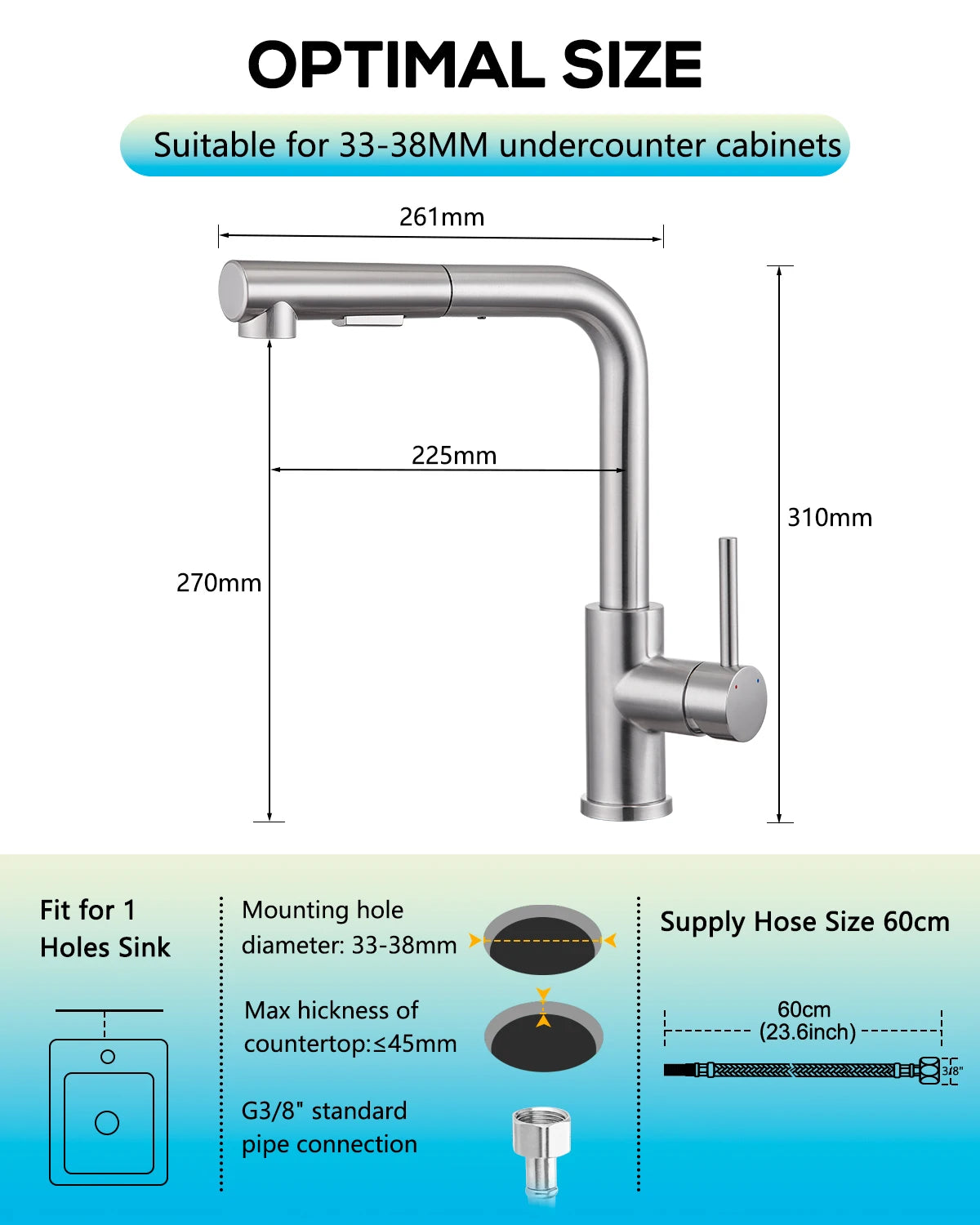 304 stainless steel kitchen tap, pull-out sprayer, brushed finish, 360° swivel, perfect sink mixer tap for kitchen toilet