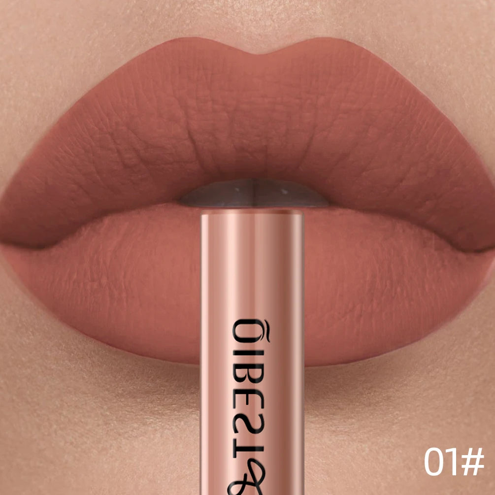 Long-lasting nude matte liquid lipstick on lips with a smooth, waterproof, velvet texture and nonstick finish.