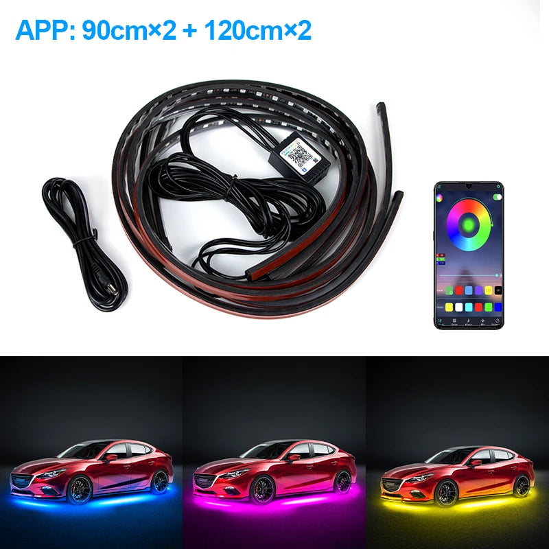 App-controlled car underglow LED strips, two 90cm and two 120cm, with control module and color-changing mobile