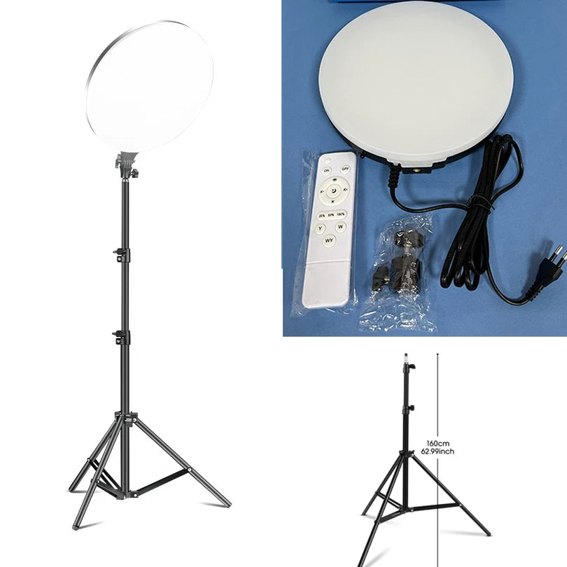 Round LED panel light with 160cm adjustable black tripod stand, remote control, and power cord for studio photography.