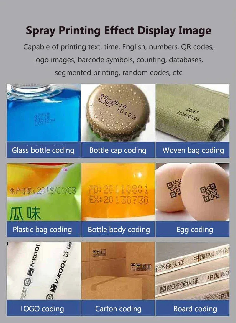 Printed coding samples for handheld inkjet printer: bottle cap, woven bag, carton, egg, logo