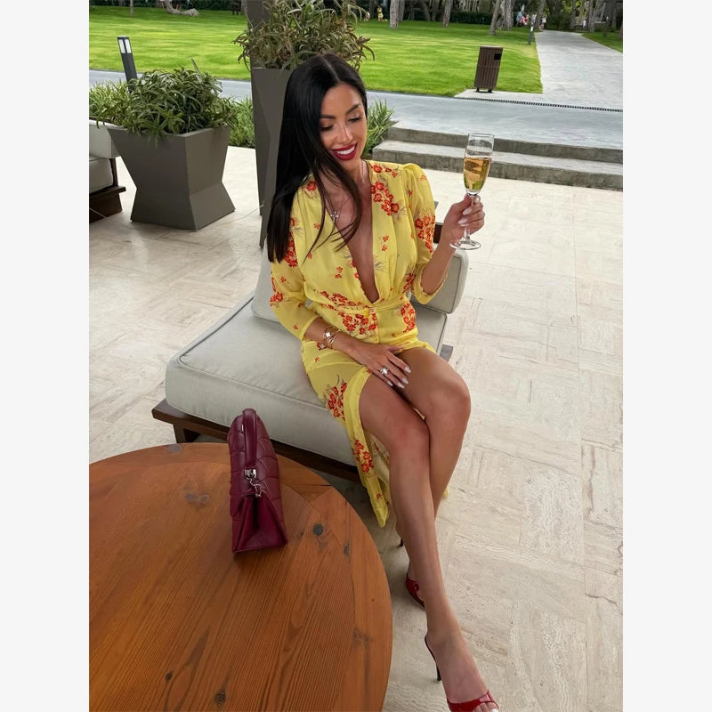 Fashion Sexy Organza Floral Printed Maxi Dress V-neck Puff Sleeve 2026 New Summer Romantic Women Party Gown Elegant Lady Vestido