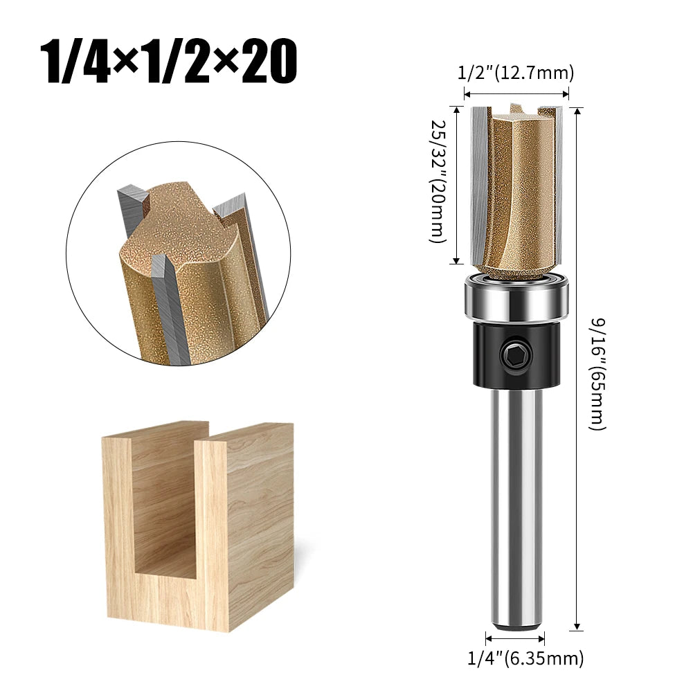 3-edge straight router bit with bearing, 6.35mm shank, gold carbide, 1/4x1/2x20