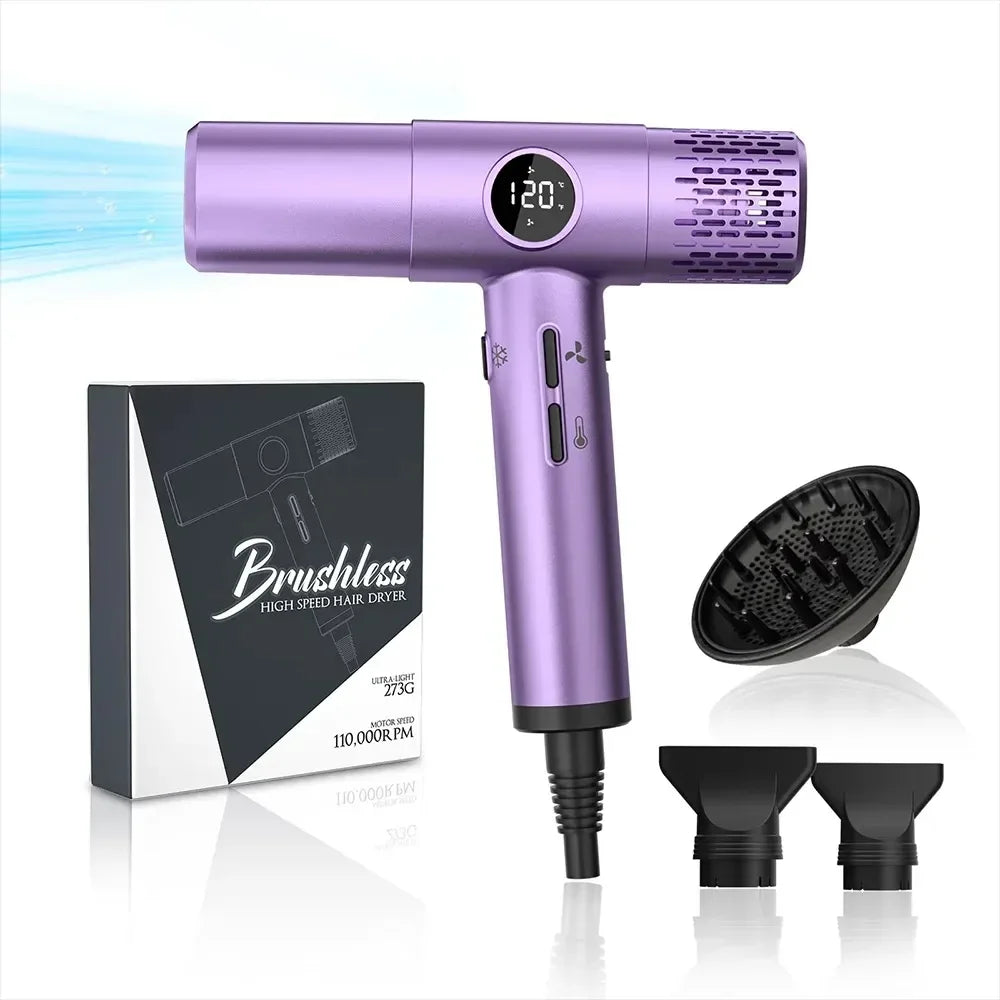 Purple high-speed hair dryer with LCD display, brushless motor, diffuser, and two concentrator nozzles in box.