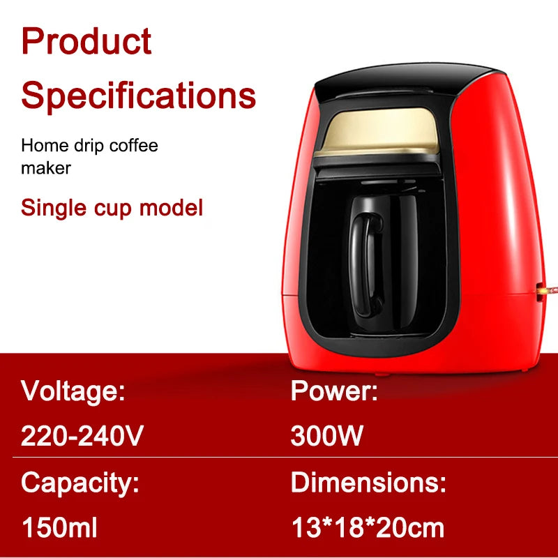 Red 300W single-cup home drip coffee maker with 150ml capacity and black mug, 13x18x20cm dimensions.
