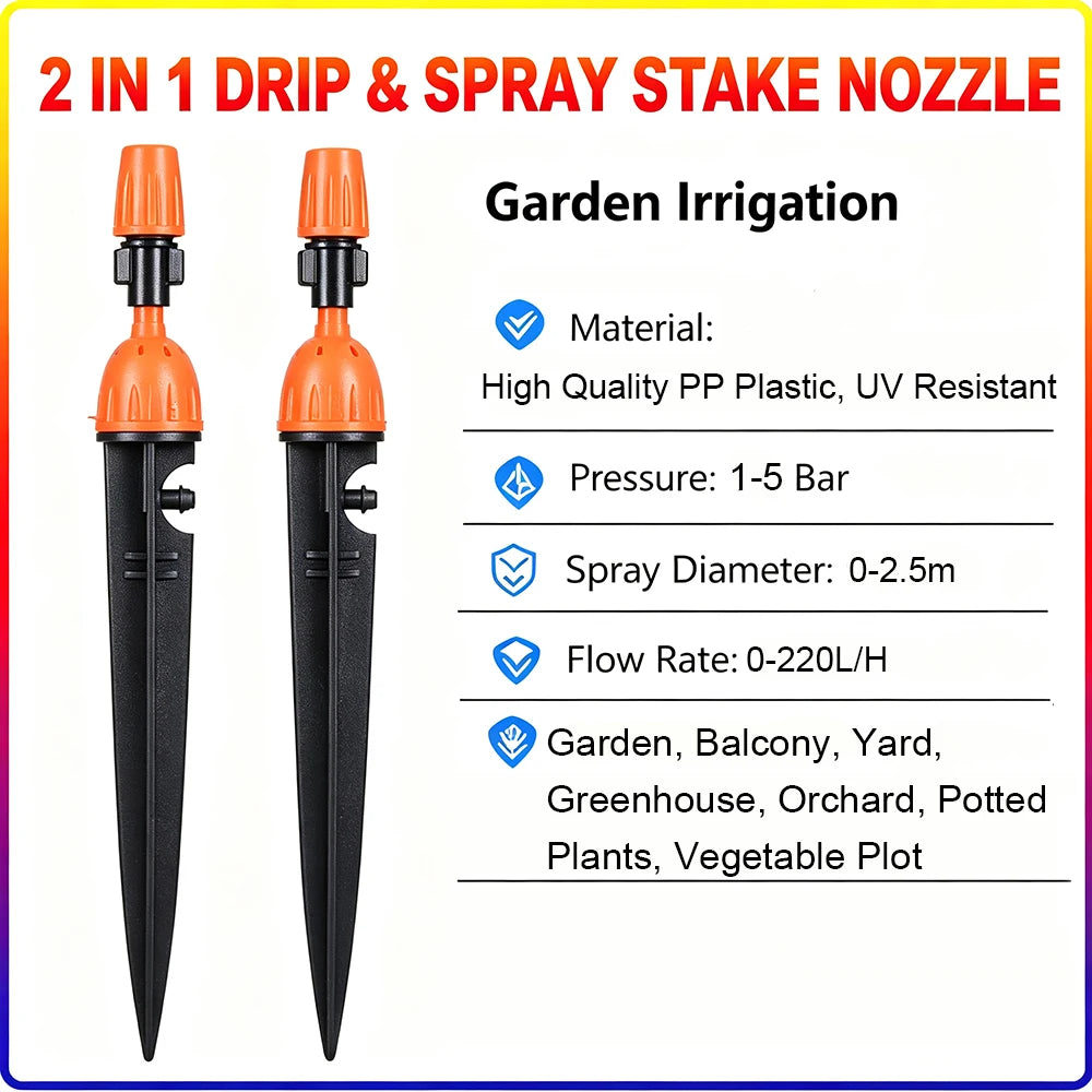 2in1 Adjustable Dripper Sprinkler Stake Nozzle Irrigation Emitter for 4/7mm Micro Tube Garden Yard Greenhouse Lawn Watering Sy