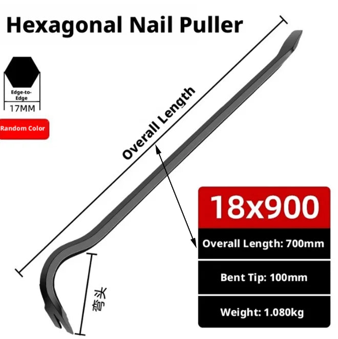 Hexagonal nail puller pry bar with curved claw tip on one end, medium length