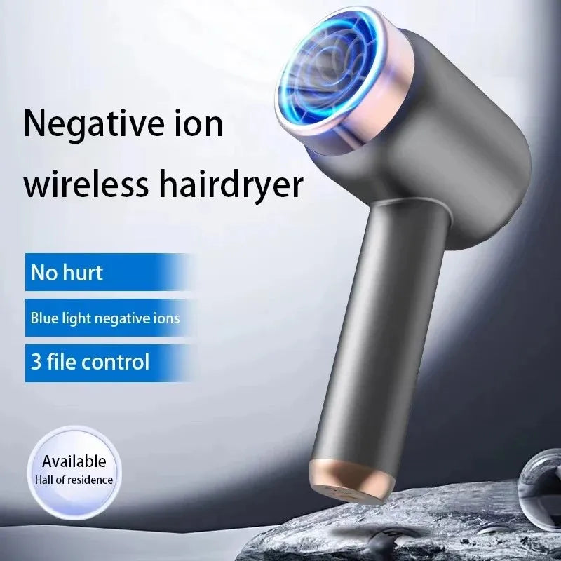 Portable grey wireless hair dryer with rose gold accents, blue light negative ion technology, and 3-speed control.