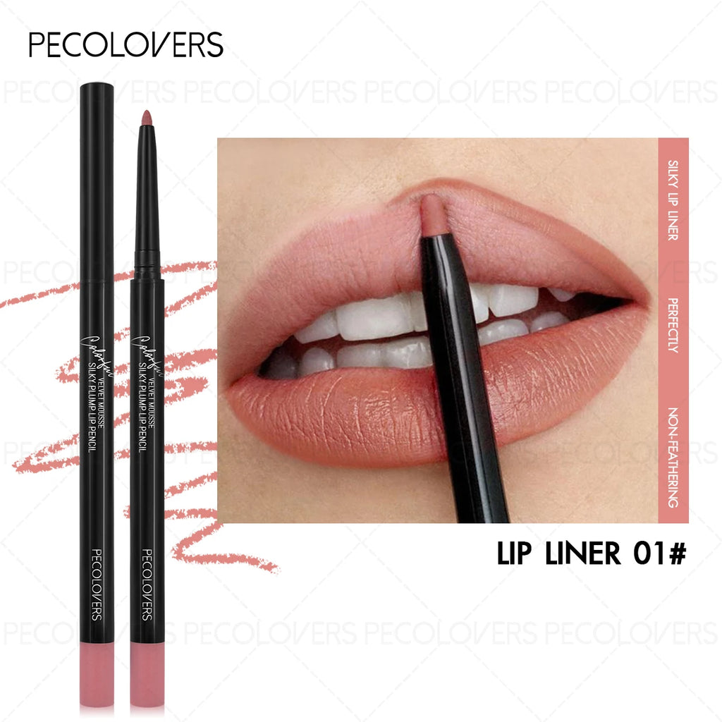 Waterproof matte lip liner pencil in nude pink, long-lasting non-staining velvet mousse texture for defined lips.