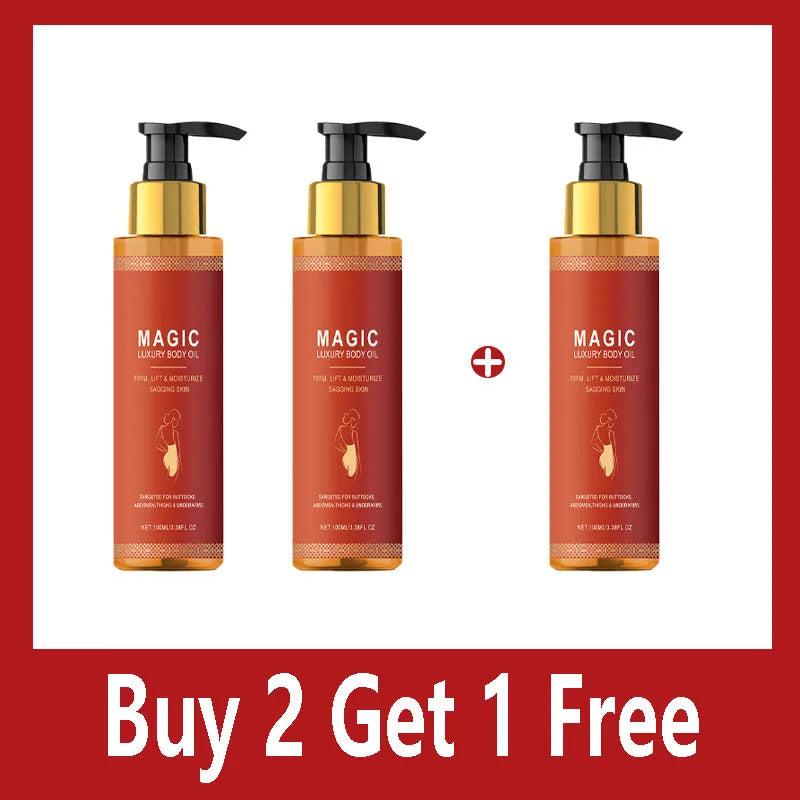 Three pump bottles of Magic Luxury Body Oil with red labels against a white background, text reads "Buy 2 Get 1 Free."