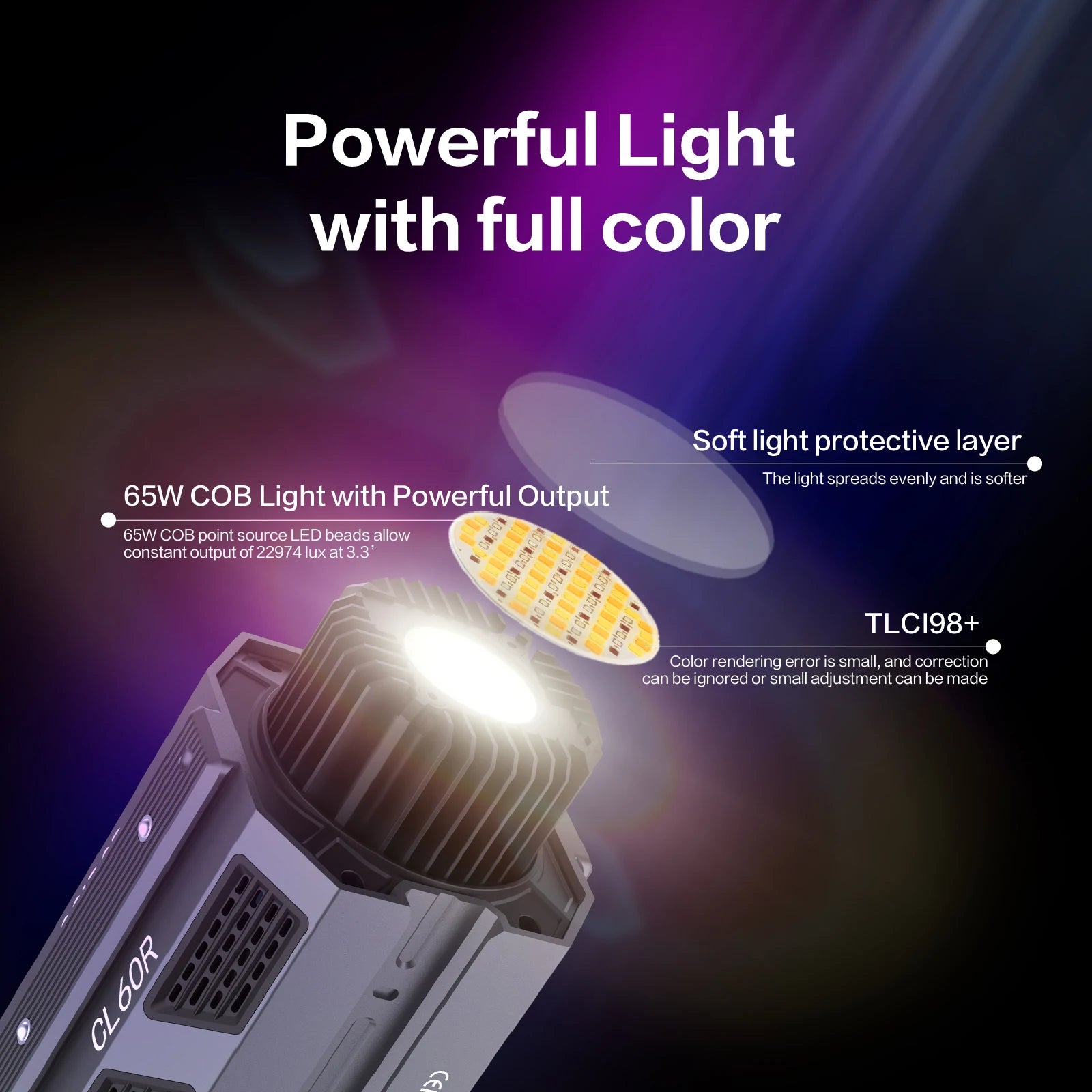 CL60R 65W COB LED video light with grey rectangular body, circular light source, and soft protective cover layer.