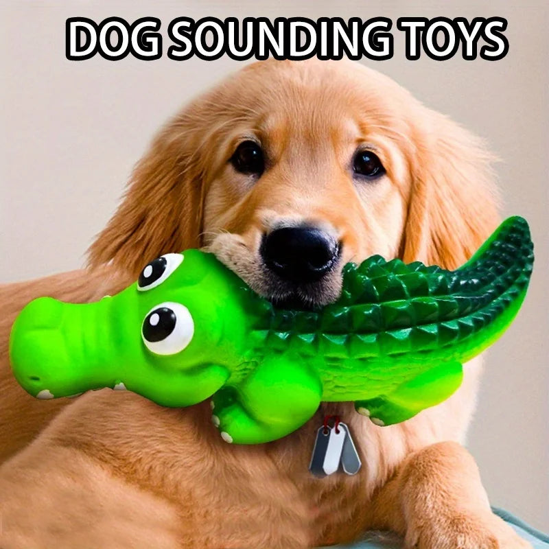 Golden Retriever holding a durable green rubber crocodile squeaky toy, perfect for interactive dog play.