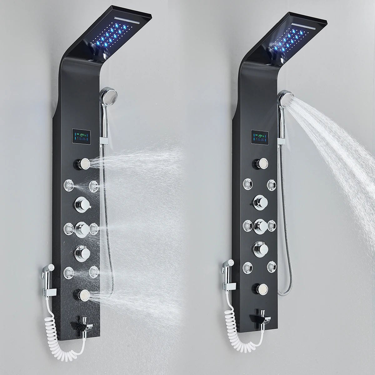 Black Nickel LED Shower Panel Six Functions Shower Column Rain Waterfall Shower Massage Spa Jets Tub Shower With Bidet Bath Taps