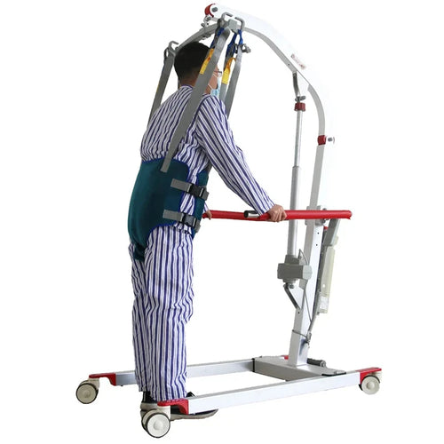 Blue fabric patient support sling for orthopedic standing aid to assist with safe mobility and patient pain relief.