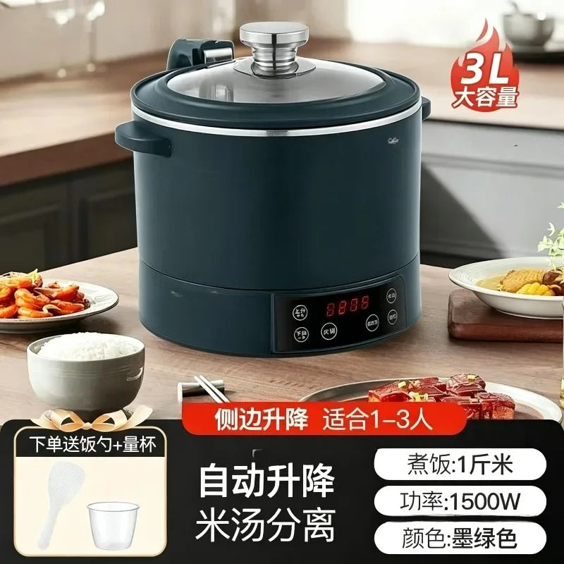 Dark green 3L electric rice cooker with stainless lid and front control buttons