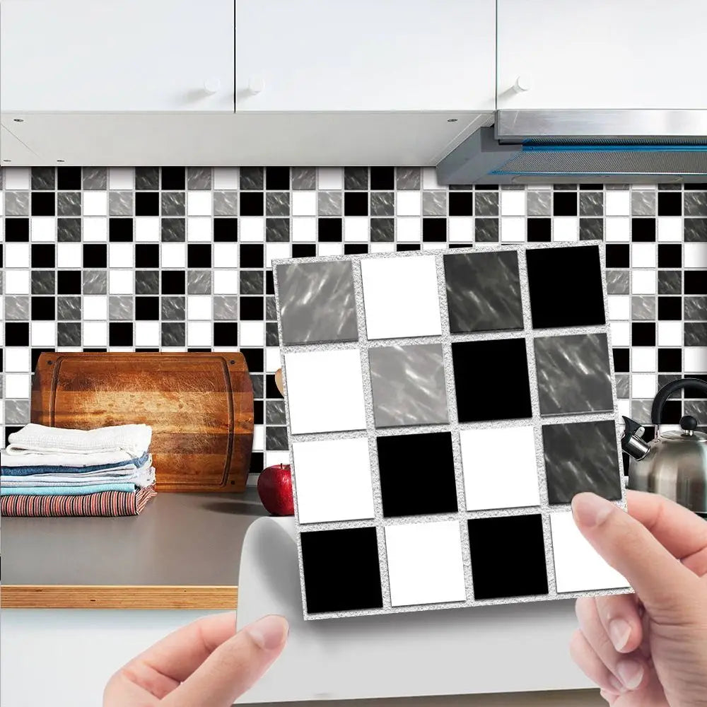 Removable 3D mosaic tile sticker sheet with black and white square tiles
