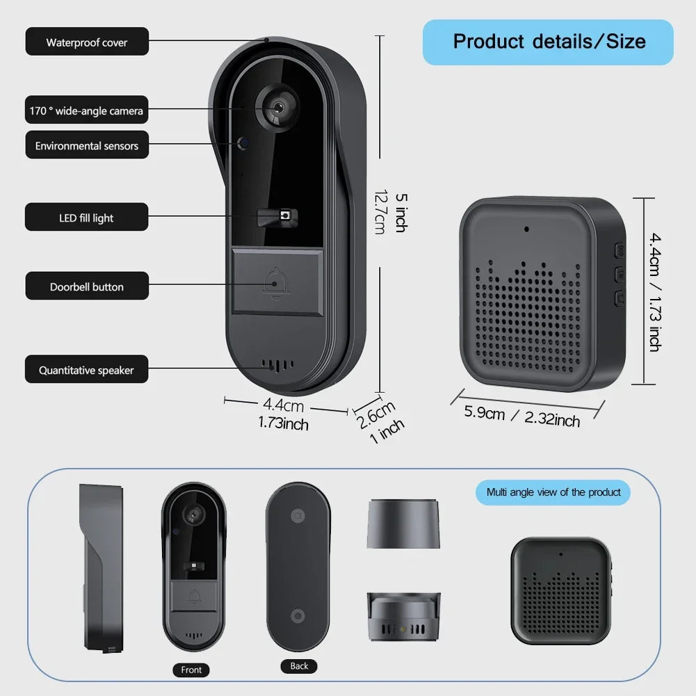 Tuya WiFi doorbell  2-way HD 1080P, microSD/cloud, waterproof, 1000mAh battery, long standby,Wireless Security Camera