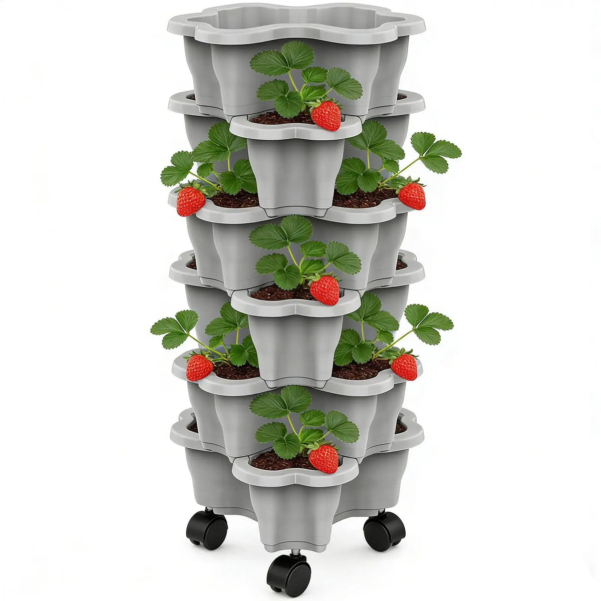 Gray plastic vertical planter tower with four tiers and rolling wheels, filled with strawberries and herbs