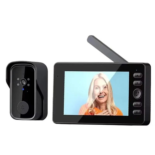 Wireless video doorbell kit with black outdoor unit and indoor monitor showing live video
