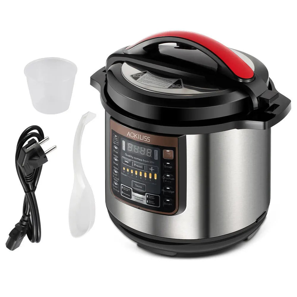 Electric pressure cooker with red handle, includes measuring cup, inner lid, and power cord